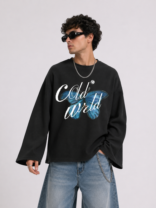 Blue Butterfly Waffle Knit Tee - Black Coldwrld