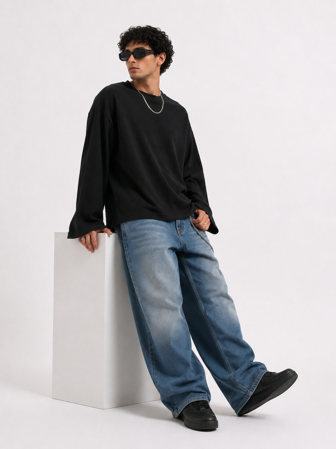 Waffle Knit Oversized Long Sleeve Tee – Black Coldwrld