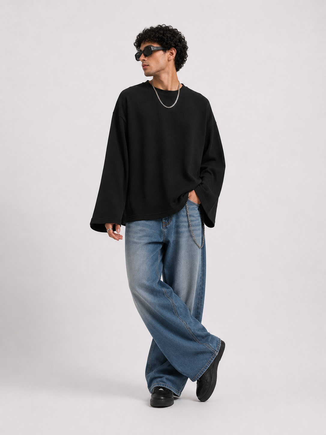 Waffle Knit Oversized Long Sleeve Tee – Black Coldwrld