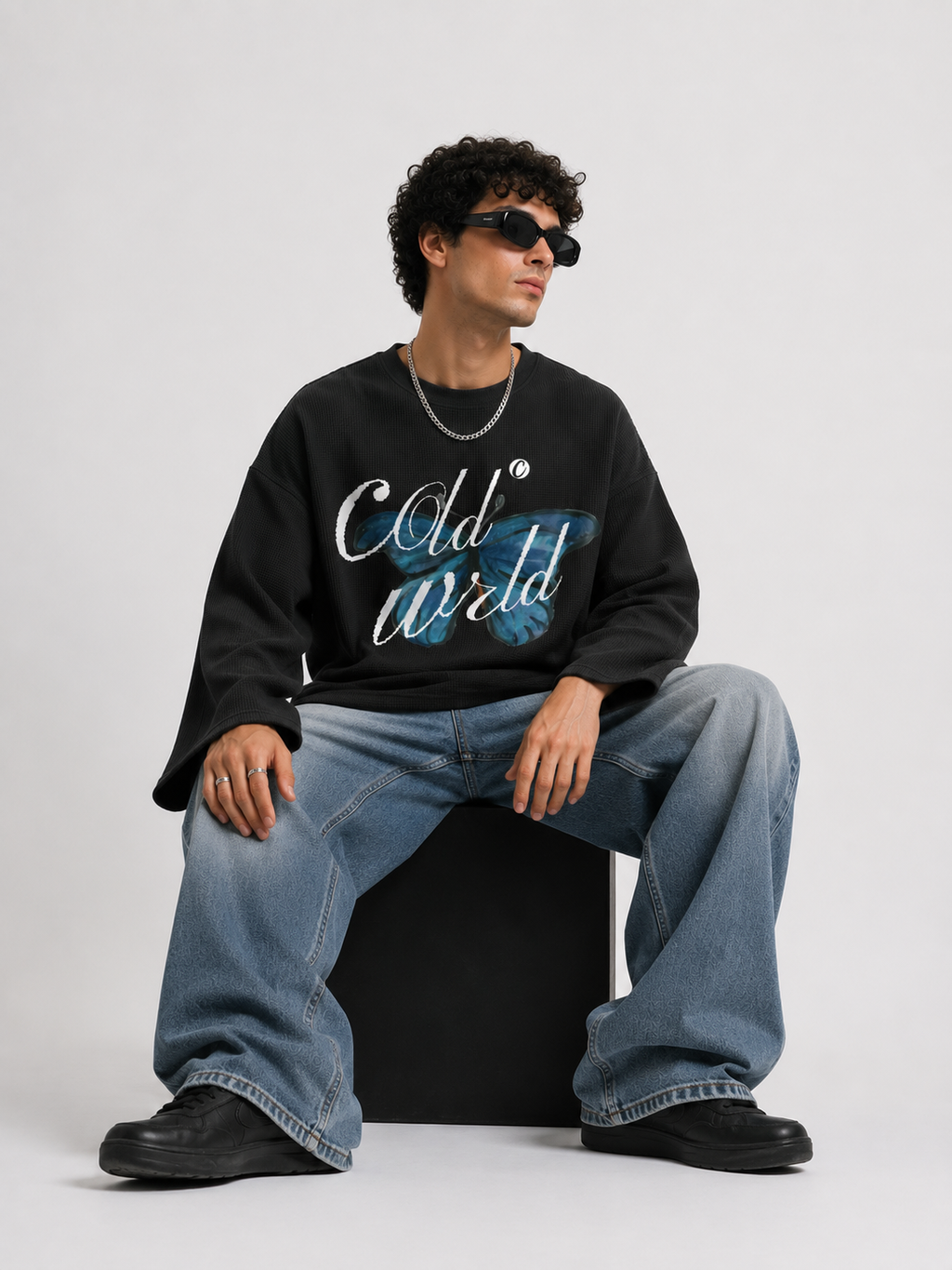 Blue Butterfly Waffle Knit Tee - Black Coldwrld