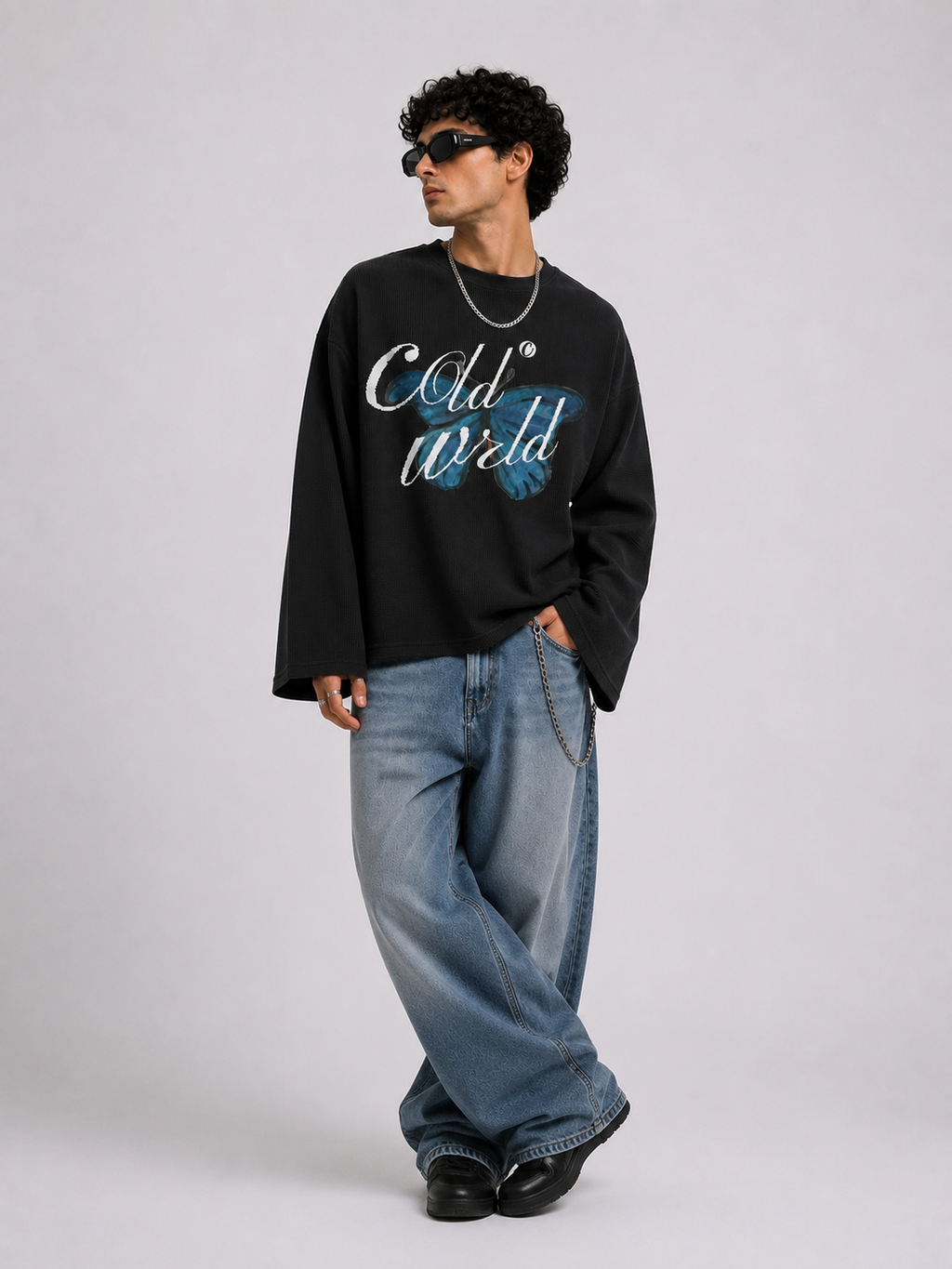 Blue Butterfly Waffle Knit Tee - Black Coldwrld