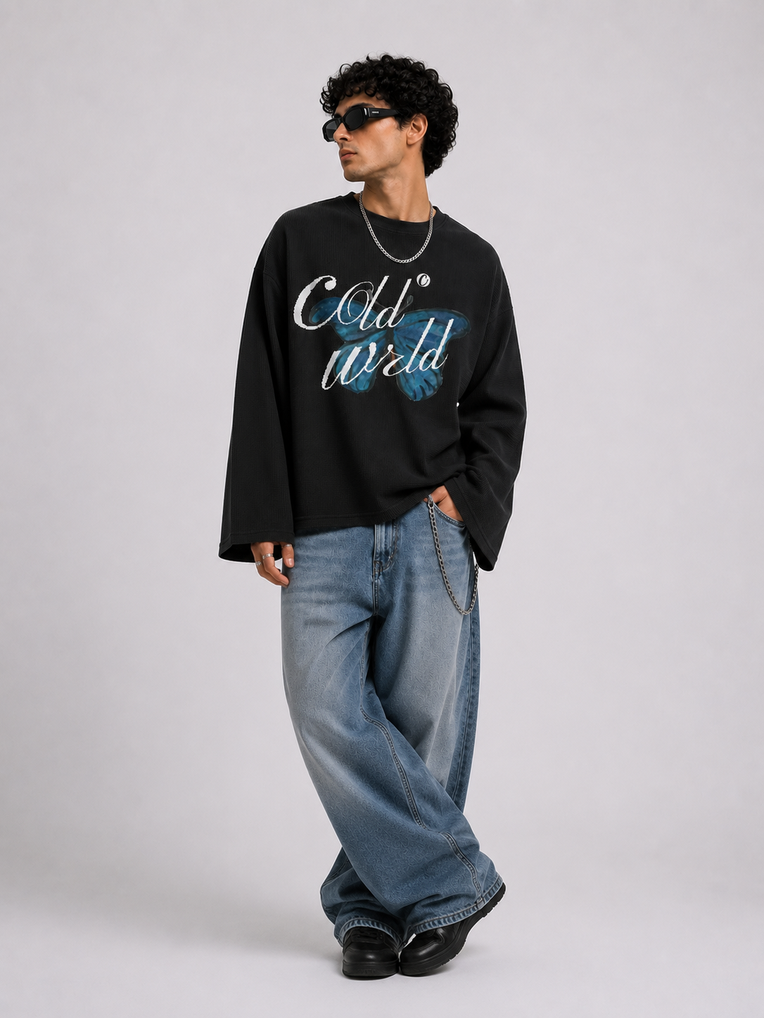 Blue Butterfly Waffle Knit Tee - Black Coldwrld